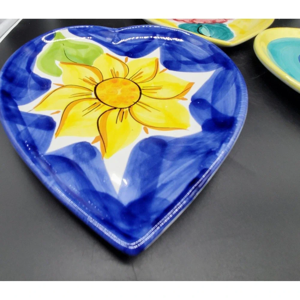 Set Of 3 Hand Painted Italian Pottery Heart Shaped Dish Flower Floral 10